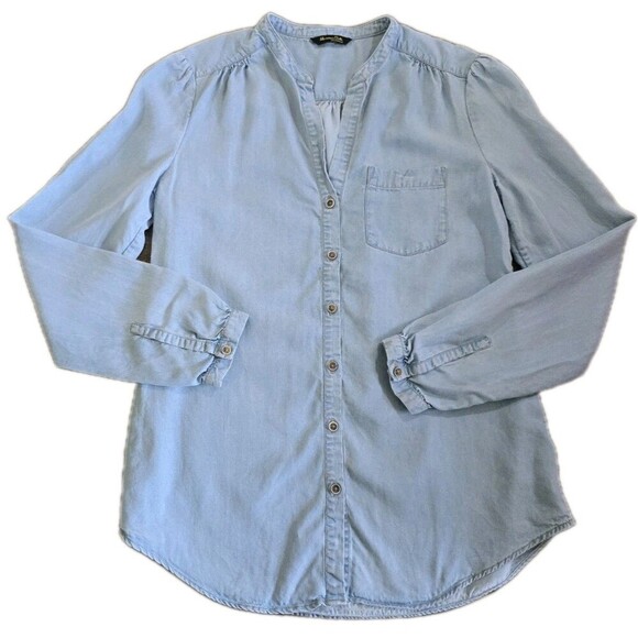 Massimo Dutti Size 4 Blue Soft Denim Button Up Blouse Collarless Chambray - Picture 12 of 12